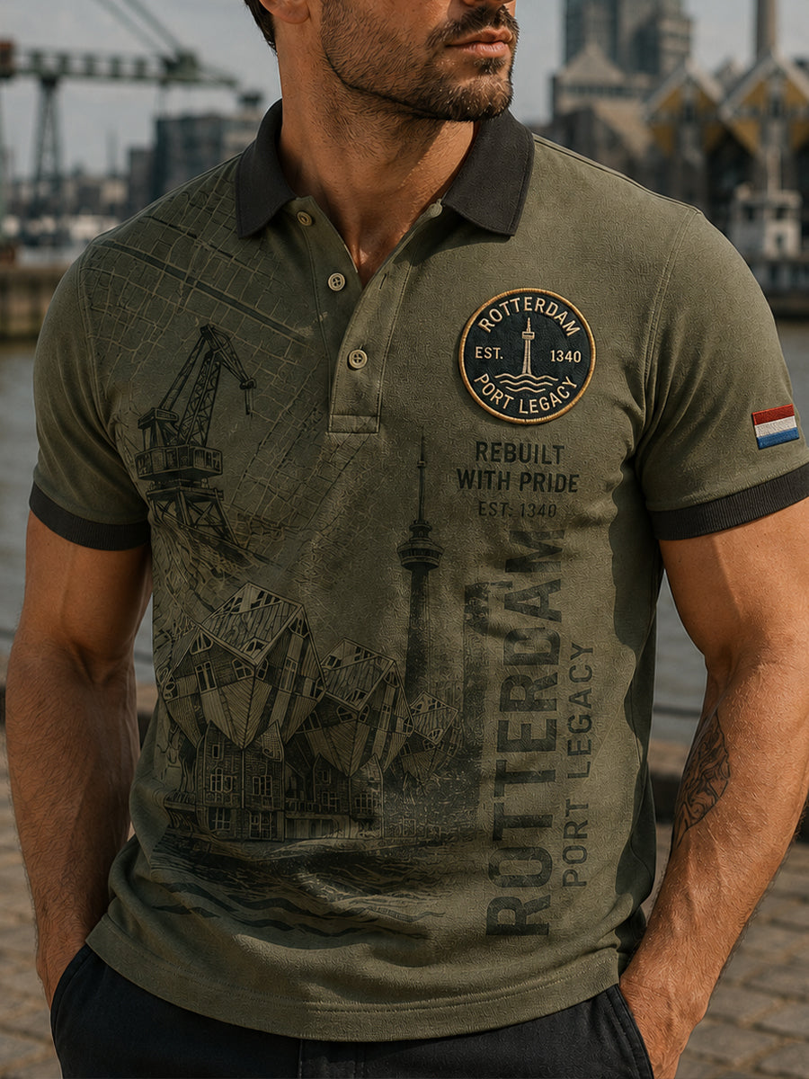 Herenpoloshirt met korte mouwen en stedelijke herdenkingsprint