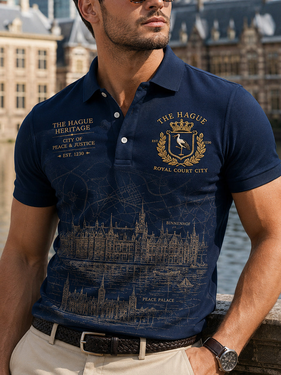 Herenpoloshirt met korte mouwen en stedelijke herdenkingsprint