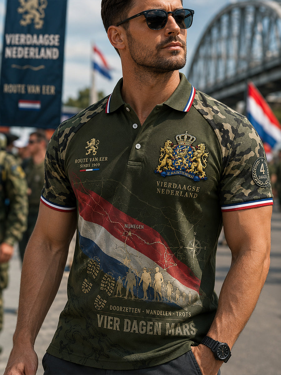Herenpoloshirt met korte mouwen en grafische opdruk van het Vierdaagsefeest