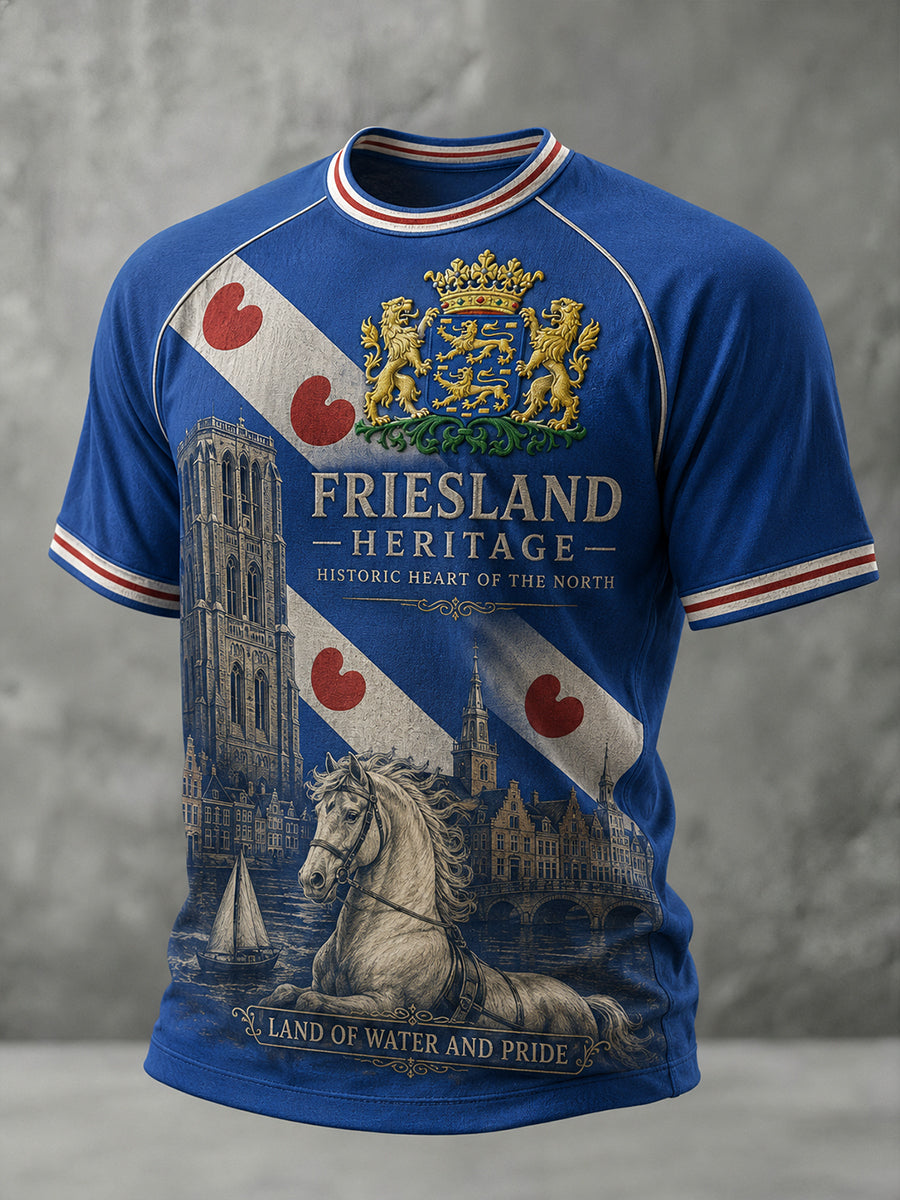 Heren-T-shirt met korte mouwen en raglanmouwen, voorzien van een stedelijke grafische herdenkingsprint