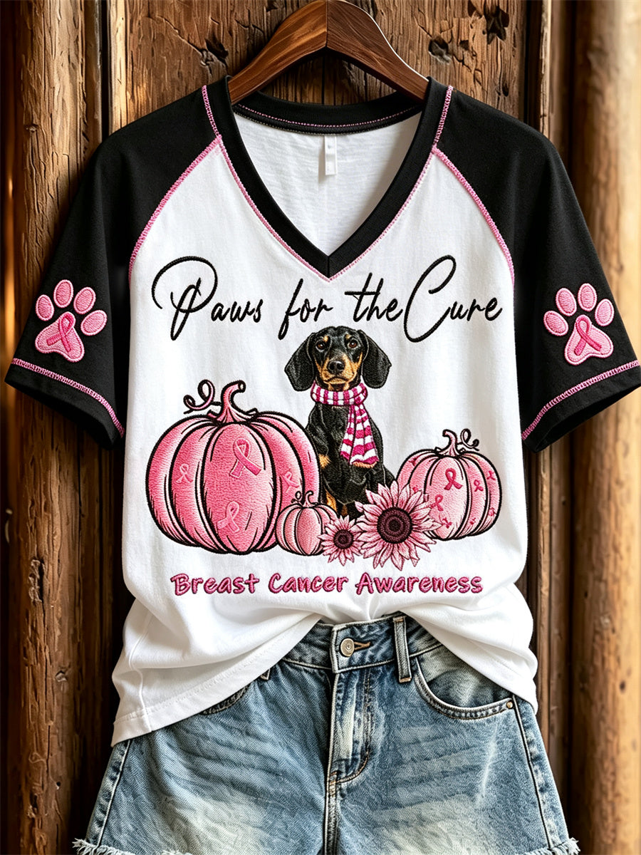 Dames T-shirt met korte mouwen, print van teckelhondjes en roze pompoenen ter bewustwording van borstkanker, ‘Paws for the Cure’ voor vrouwen
