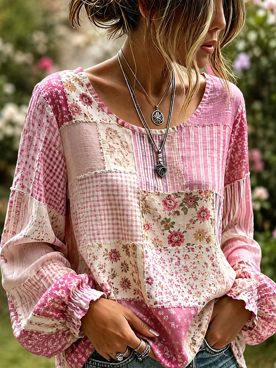 Roze bloemenpatchworkkunst katoenen linnen shirt voor dames