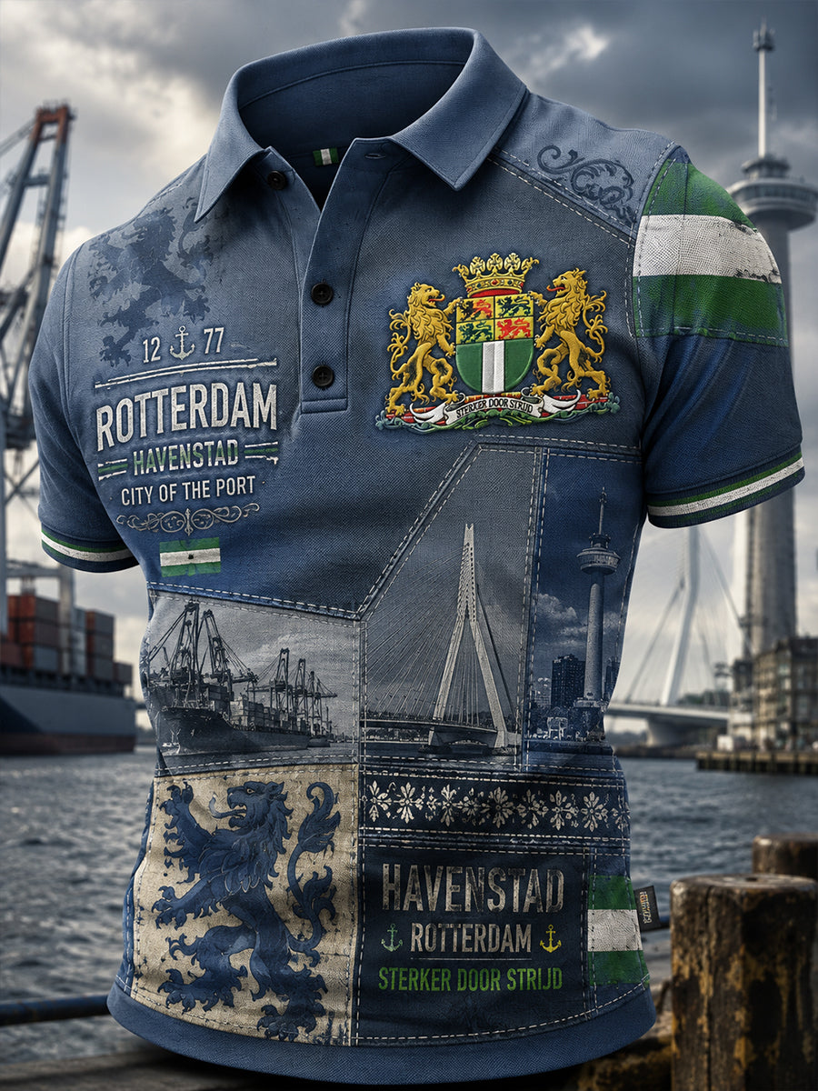 Herenpoloshirt met korte mouwen en vintageprint in souvenirstijl van een stad