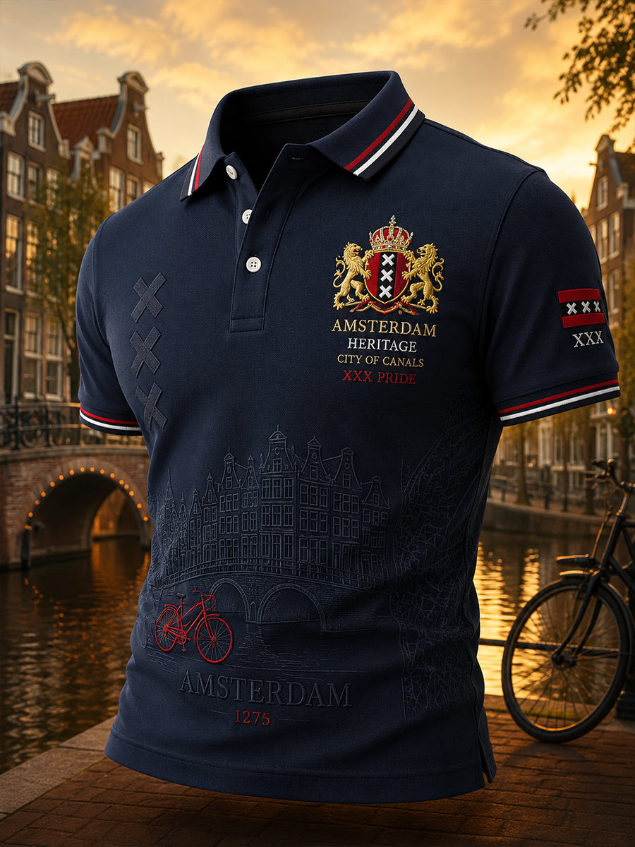 Herenpoloshirt met korte mouwen en stedelijke herdenkingsprint