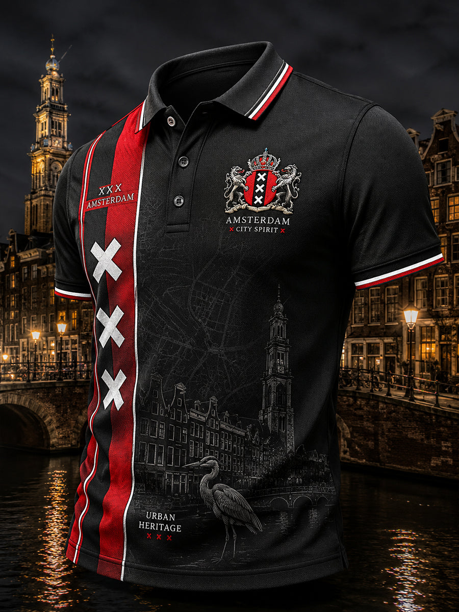 Herenpoloshirt met korte mouwen en stedelijke herdenkingsprint