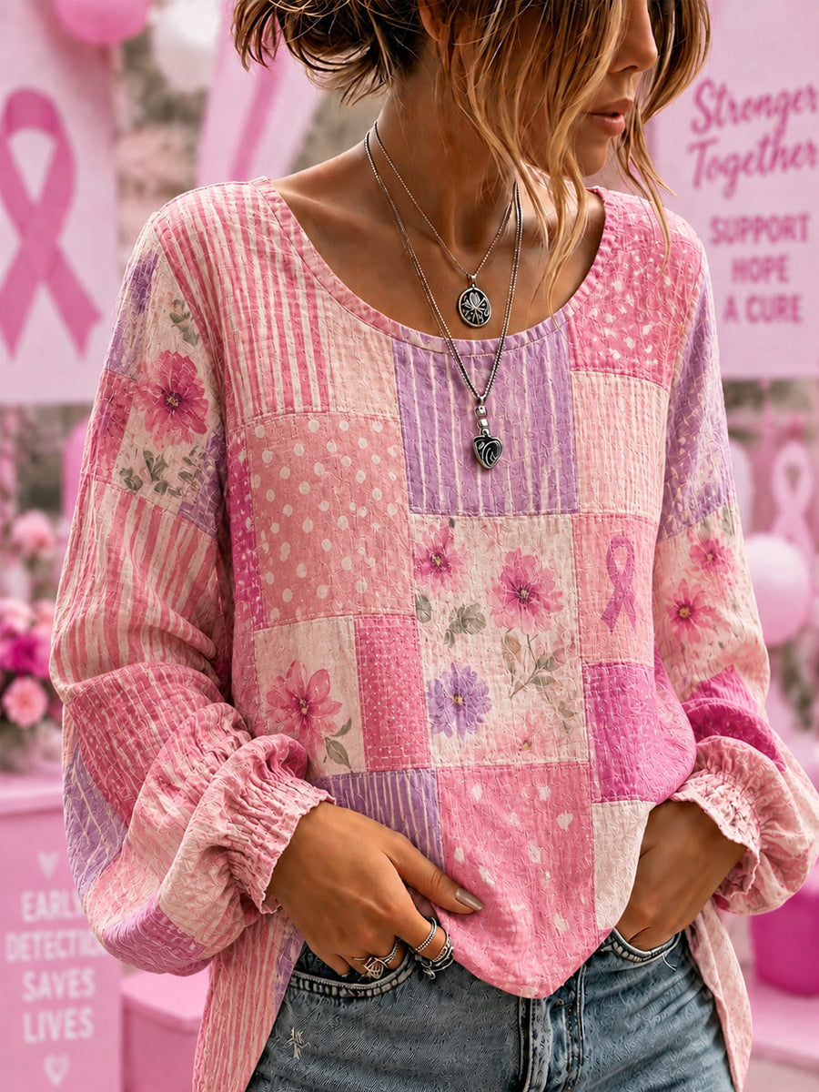 Ondersteuningsshirt voor borstkankerbewustwording bij vrouwen met bloemen en roze lint, katoen-linnen shirt