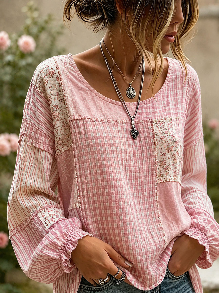 Elegant linnen overhemd voor dames met patchworkontwerp