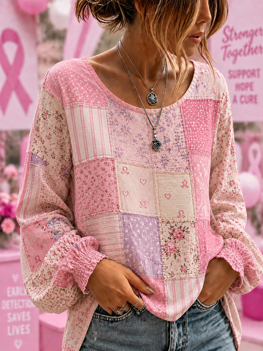 Ondersteuningsshirt voor borstkankerbewustwording bij vrouwen met bloemen en roze lint, katoen-linnen shirt