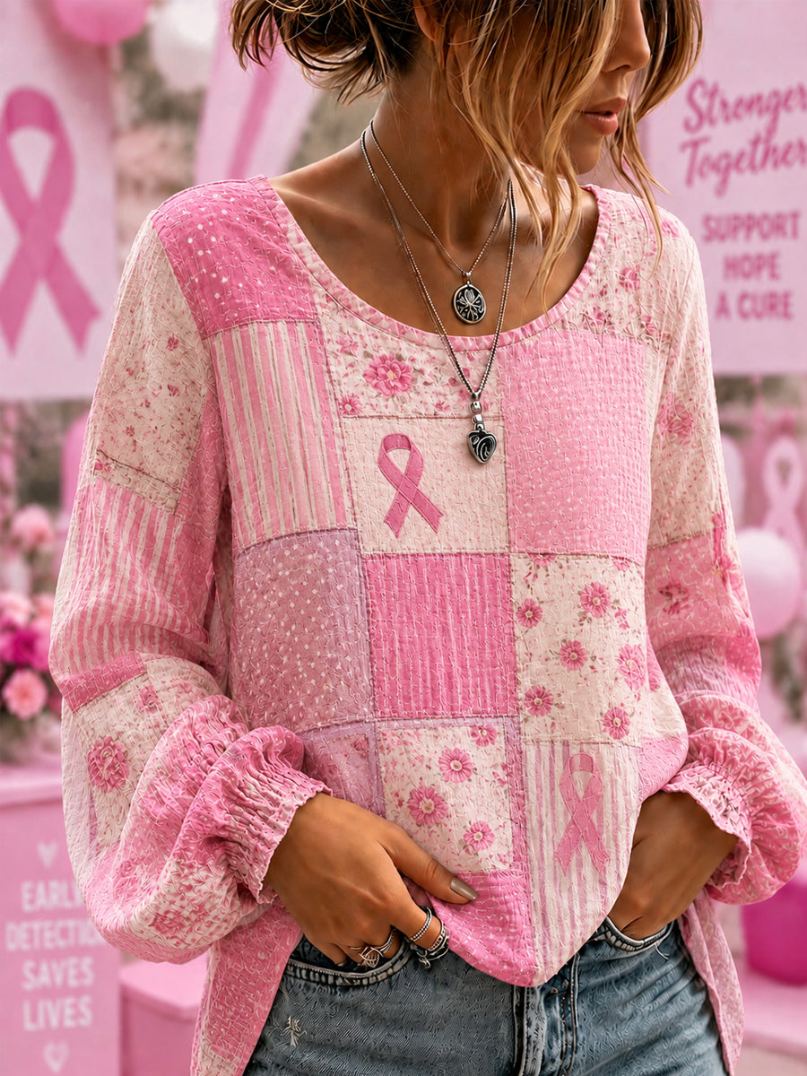 Ondersteuningsshirt voor borstkankerbewustwording bij vrouwen met bloemen en roze lint, katoen-linnen shirt