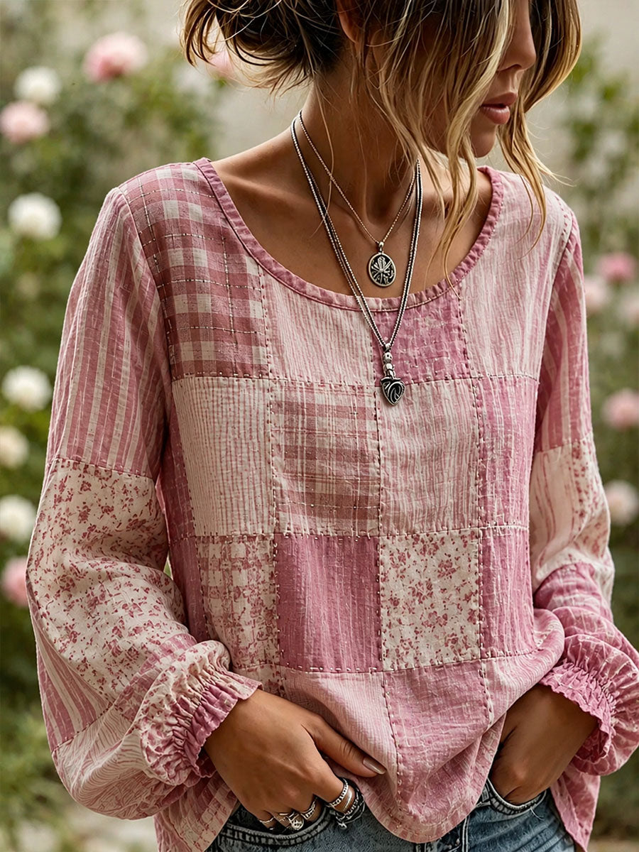 Elegant linnen overhemd voor dames met patchworkontwerp
