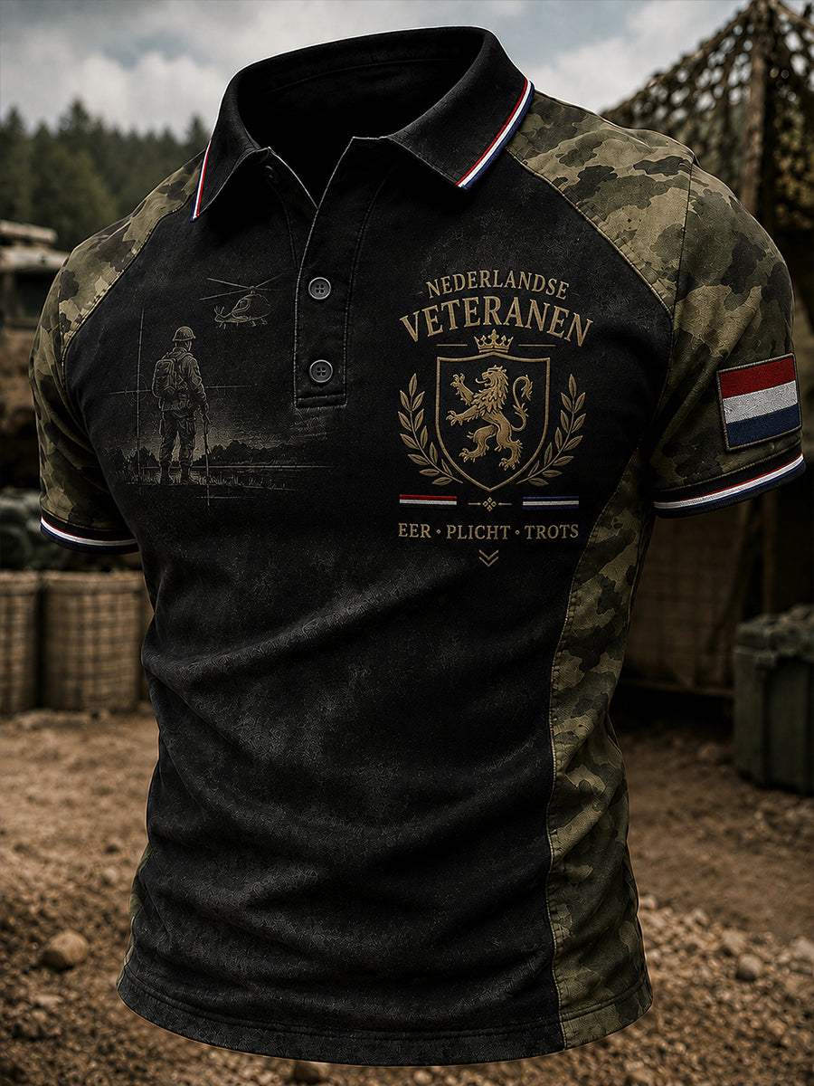 Herenpoloshirt met korte mouwen en vintageprint in militaire stijl