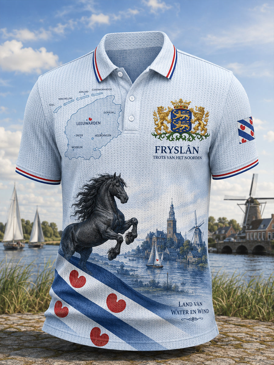 Herenpoloshirt met korte mouwen, grafisch dessin in stadsthema, gewafeld gebreid