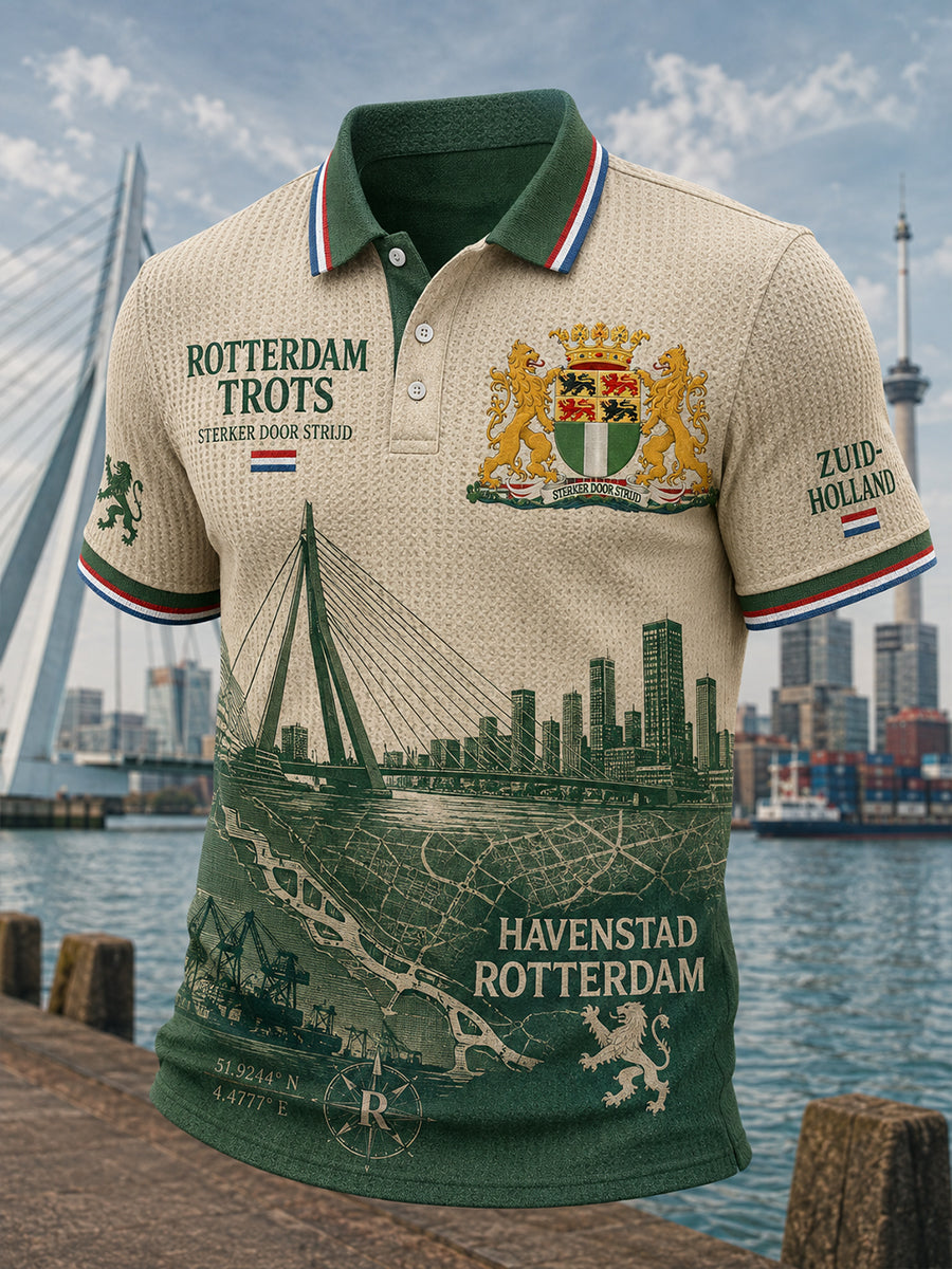 Herenpoloshirt met korte mouwen, grafisch dessin in stadsthema, gewafeld gebreid