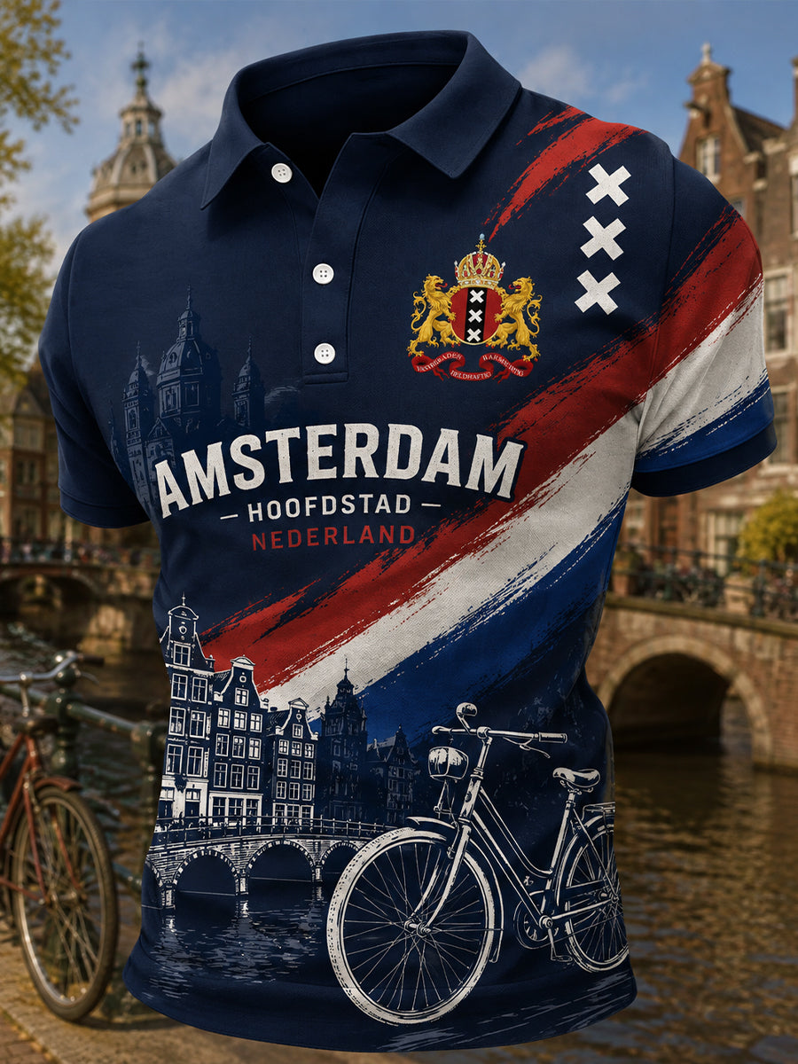 Herenpoloshirt met korte mouwen en stedelijke herdenkingsprint