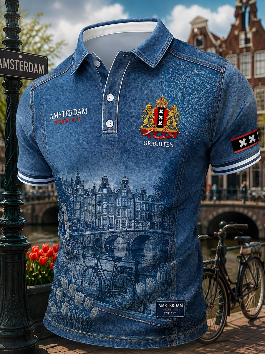Herenpoloshirt met korte mouwen en stedelijke herdenkingsprint