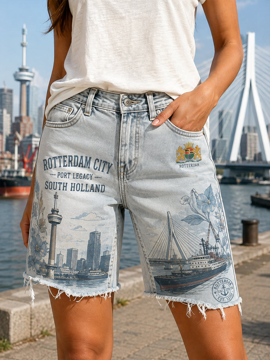 Casual denim shorts voor dames met City Souvenir-stijl print
