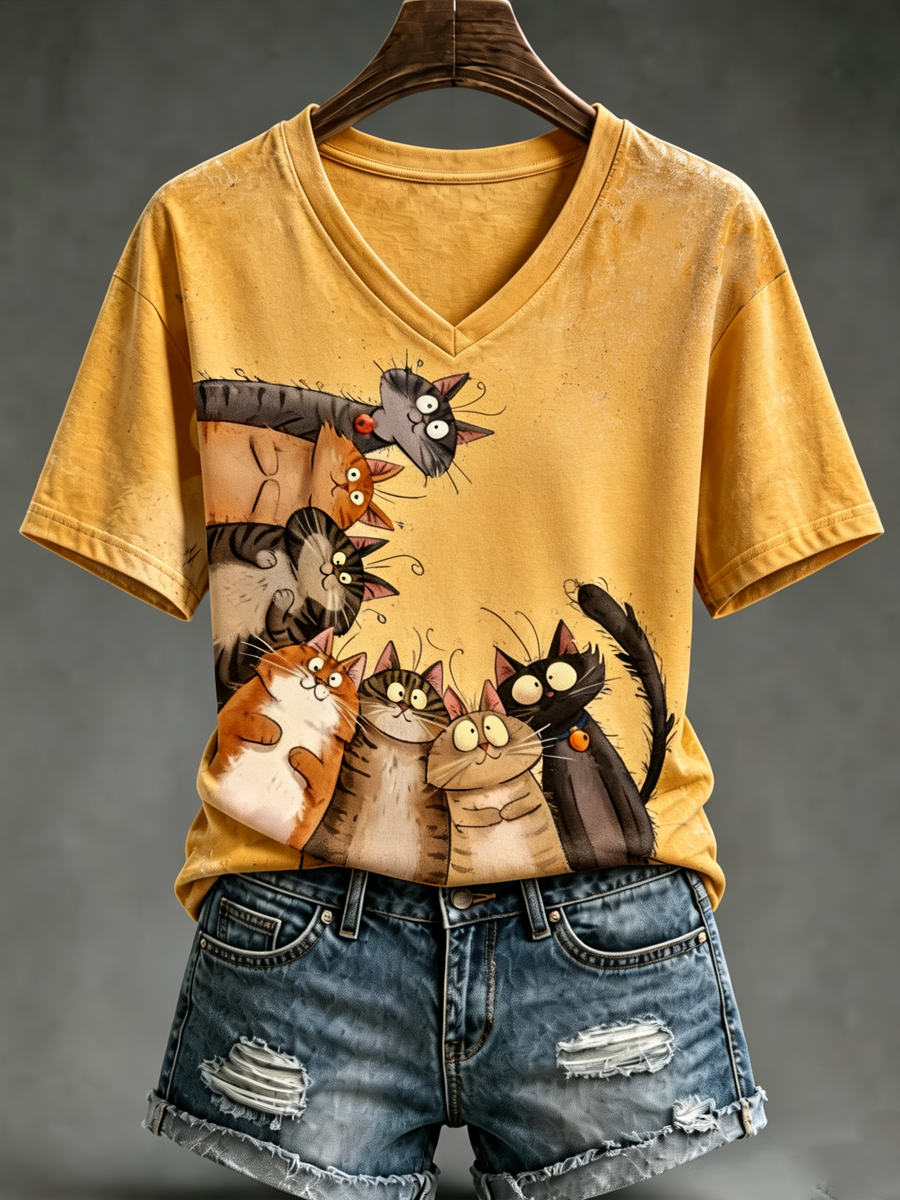 Dames T-shirt met schattige kattenprint en korte mouwen