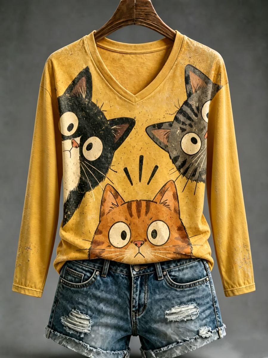 Vrouwen Schattige kat print V-hals T-shirt