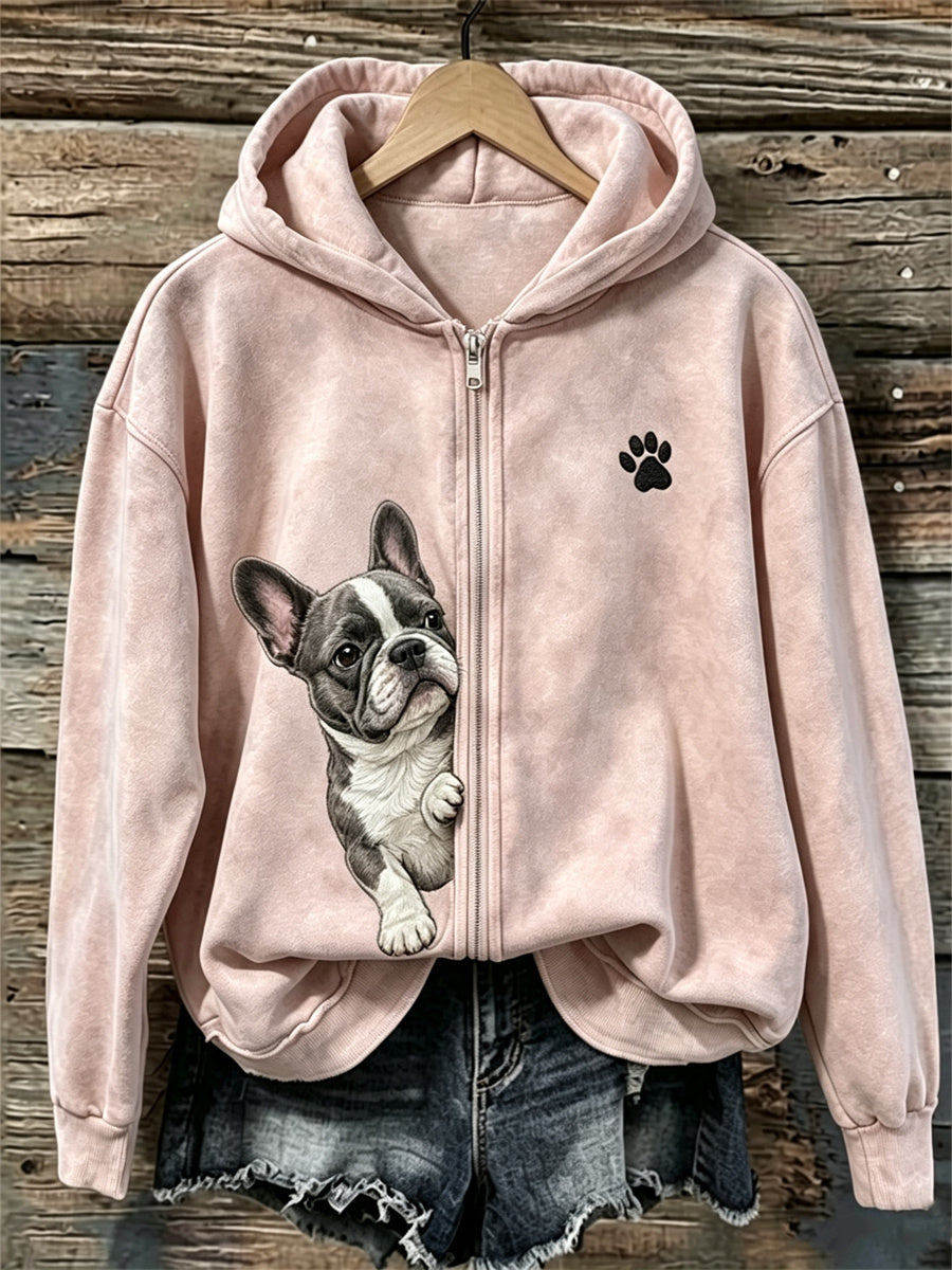 Dameshoody met rits, Franse bulldog en pootafdrukken
