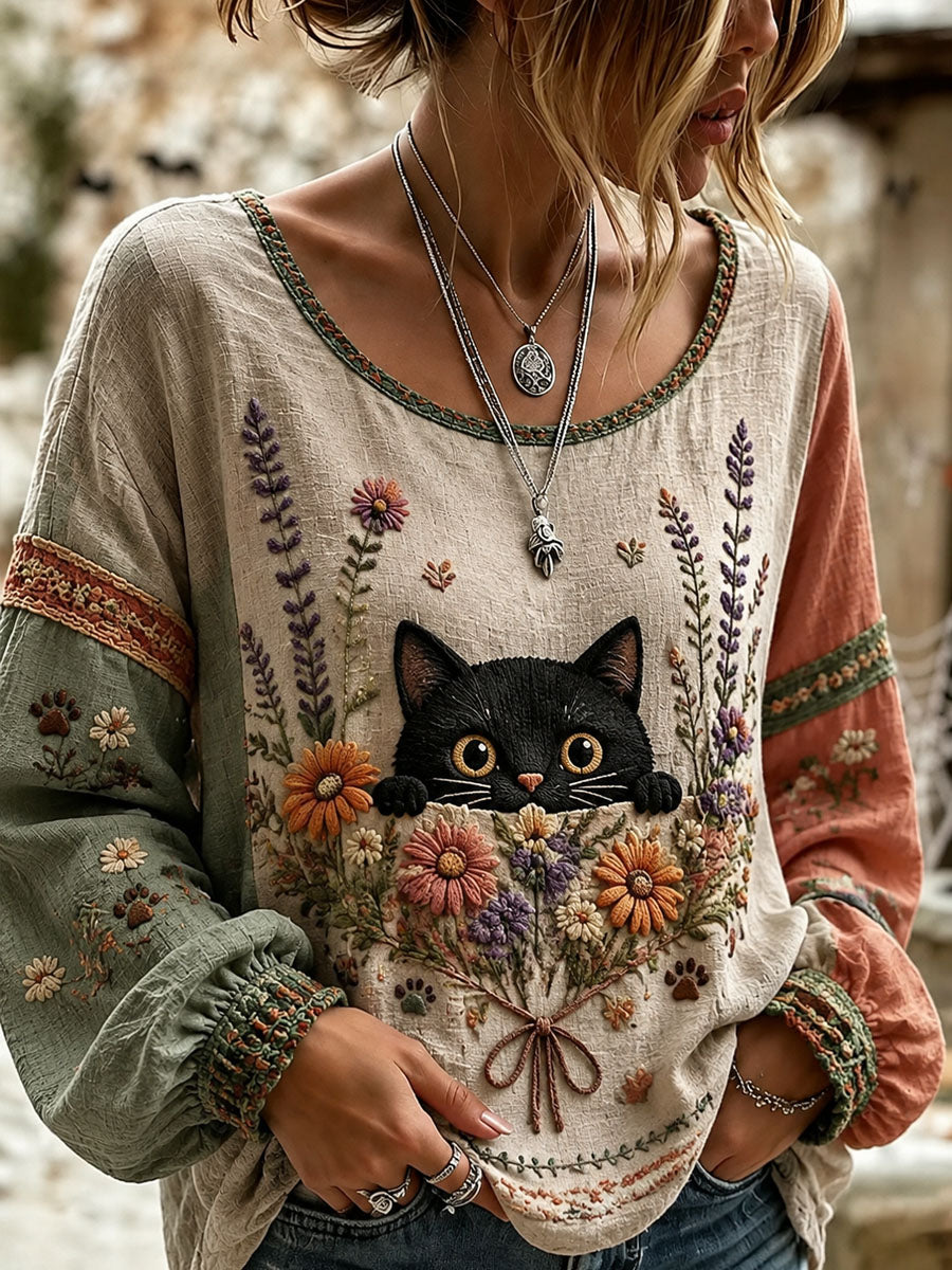 Dameshemd met kattenmotief en bloemenprint, casual langemouwen shirt