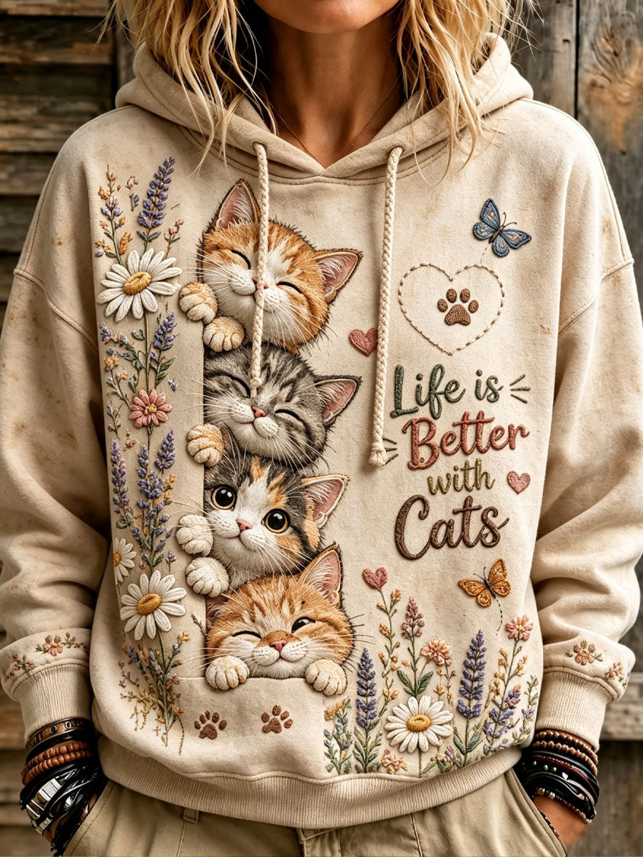 Dameshoodie met schattige kat- en bloemenprint, casual stijl