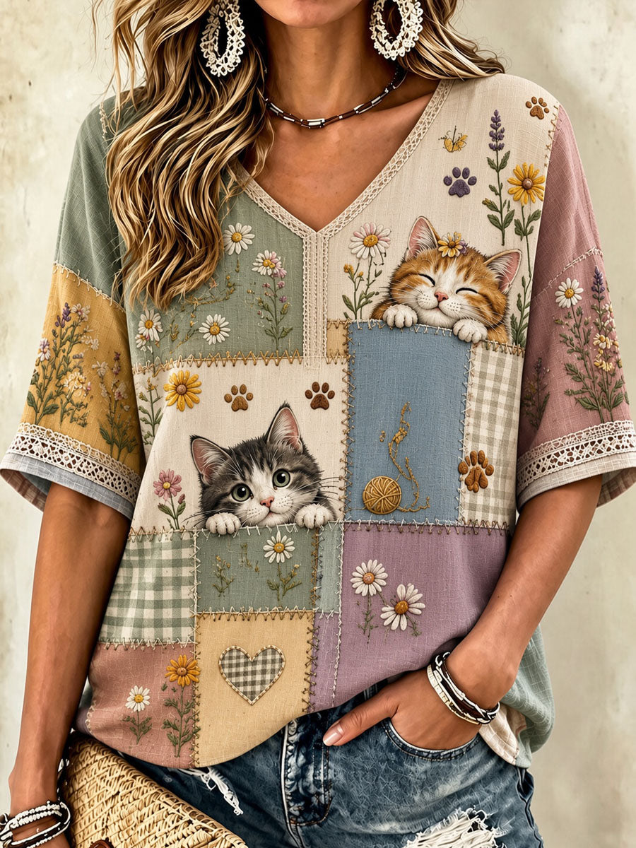 Dames-T-shirt met kattenliefhebbersthema, bloemenprint, v-hals, casual stijl