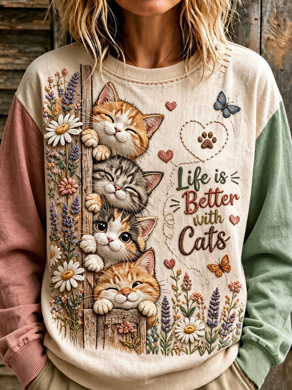 Damessweatshirt met schattige kat- en bloemenprint voor dagelijks gebruik