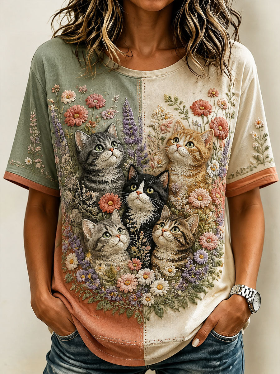 Dames-T-shirt met kattenmotief en bloemenprint voor vrijetijdsgebruik