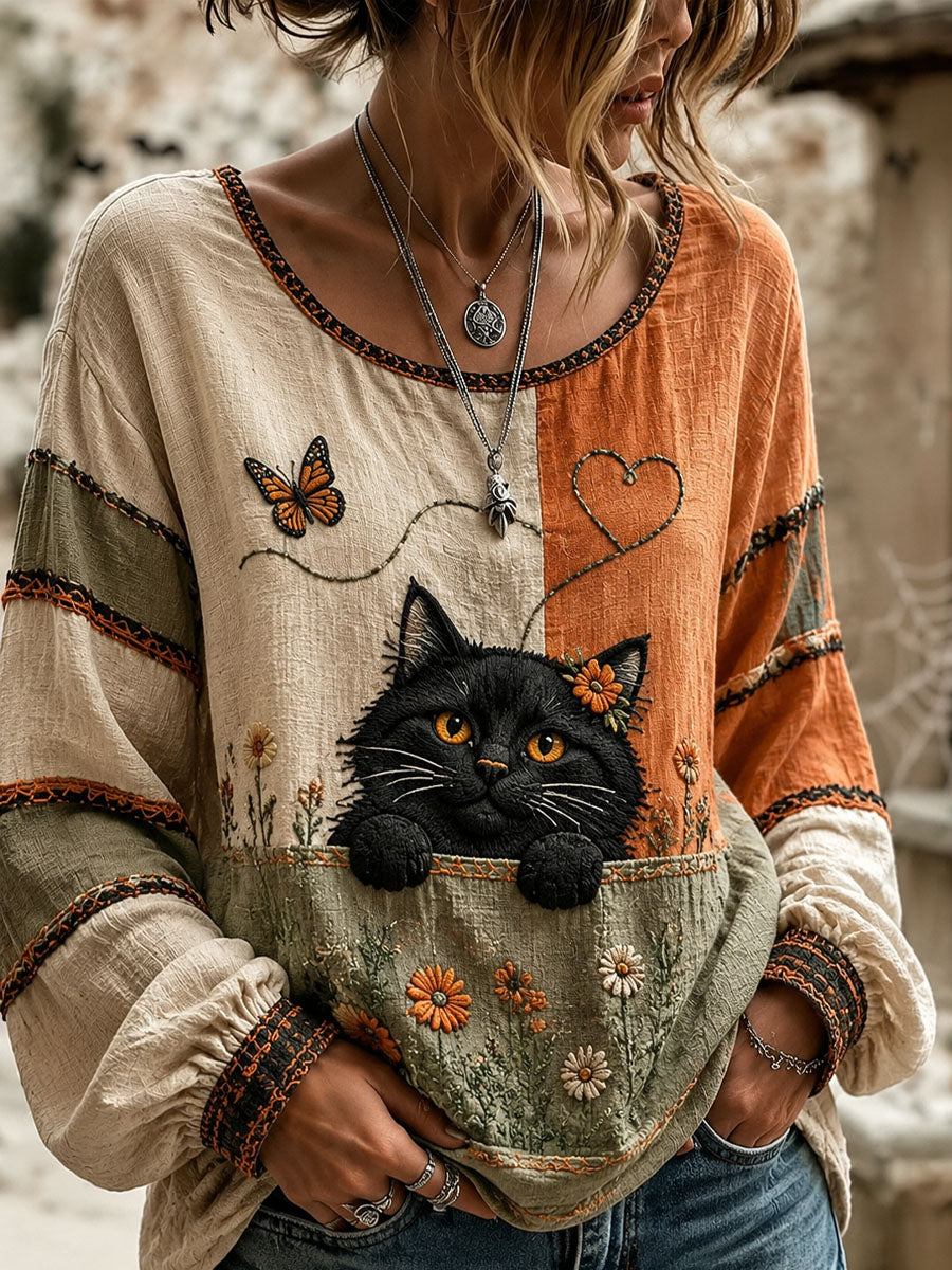 Dameshemd met kattenmotief en bloemenprint, casual langemouwen shirt
