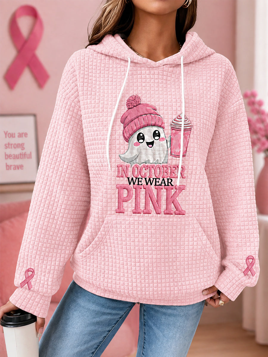 Dames In oktober dragen we roze Halloween-roze spookprint hoodie met wafelstructuur ter ondersteuning van borstkankerbewustwording