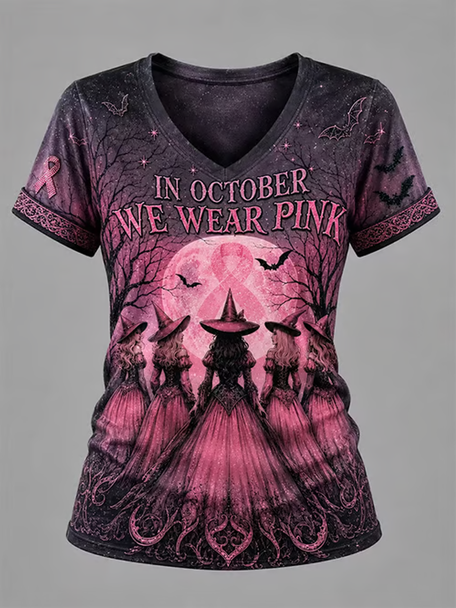 Dames-T-shirt met korte mouwen en Halloween-print met borstkankerthema