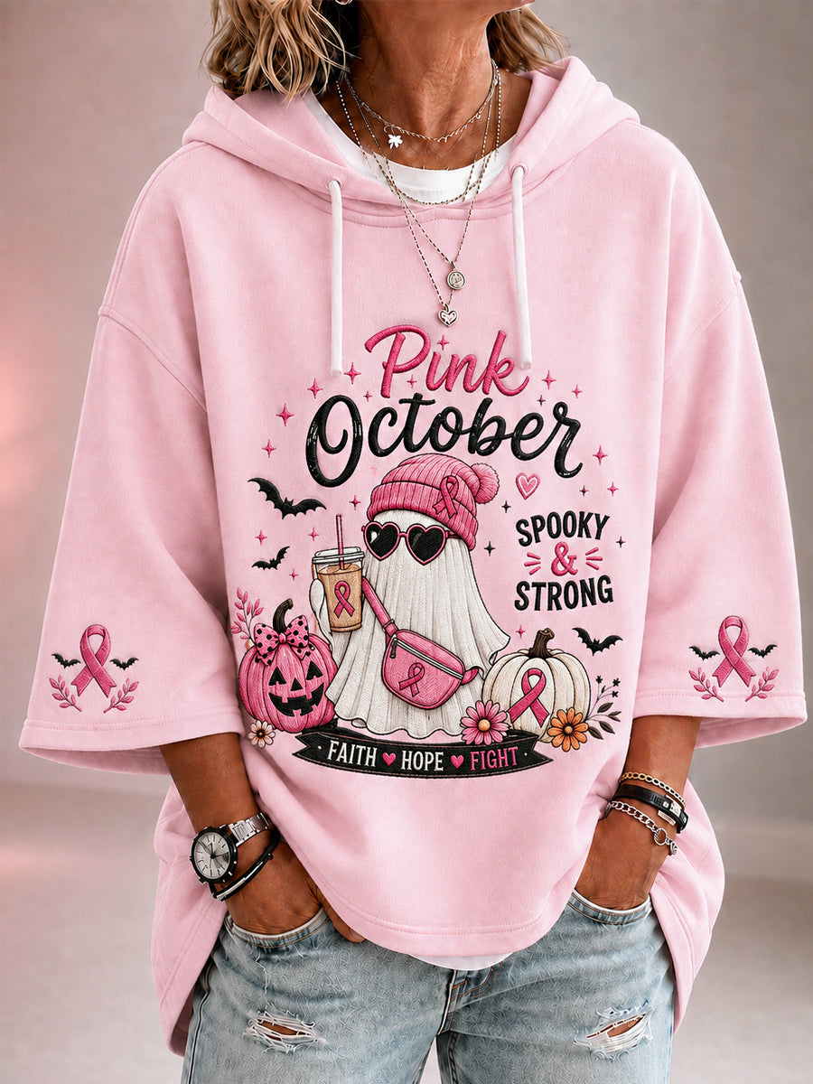 Vrouwen In oktober dragen we roze Halloween-roze spookprint borstkankerbewustwordingsondersteuning hoodie met driekwartmouwen