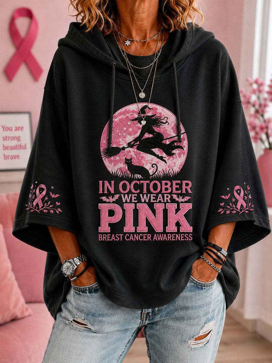 Dames in oktober we dragen roze Halloween roze heksenprint borstkanker bewustzijn Ondersteuning 3/4 mouwen hoodie