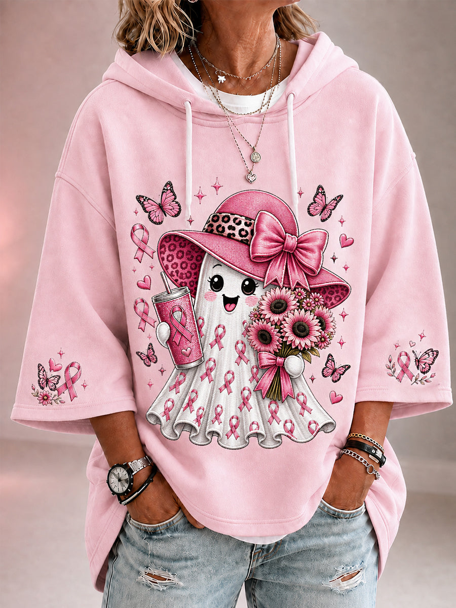 Vrouwen In oktober dragen we roze Halloween-roze spookprint borstkankerbewustwordingsondersteuning hoodie met driekwartmouwen