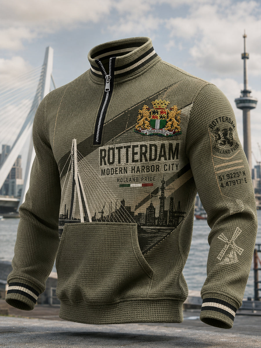 Herenhemd van wafelbreiwerk met lange mouwen en grafische stadscommemoratieprint