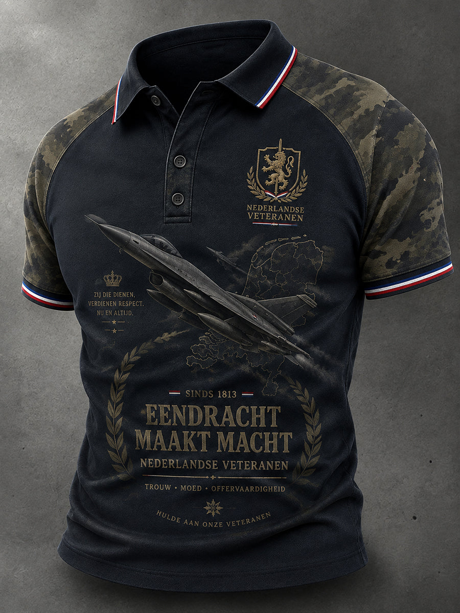 Herenpoloshirt met korte mouwen en vintage militair herdenkingsmotief