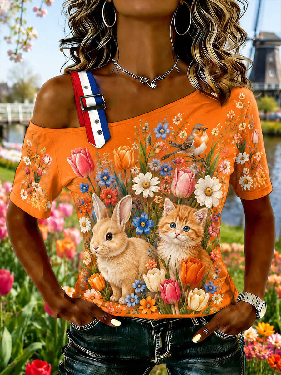Dames-T-shirt met grafische print voor Werelddierendag, schouderloos en met spaghettibandjes