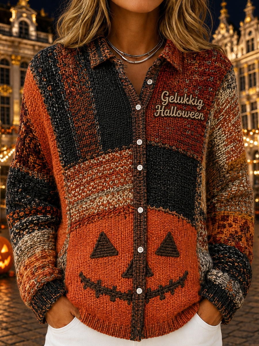 Dames België Halloween Artistiek Gedrukt Revers Cardigan Trui met lange mouwen