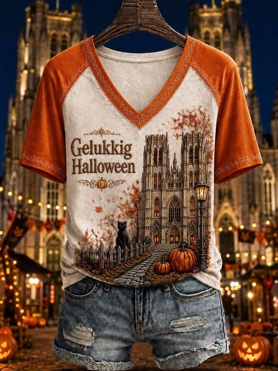 Dames België Halloween Gedrukte Vintage Mode Losse T-shirt met korte mouwen