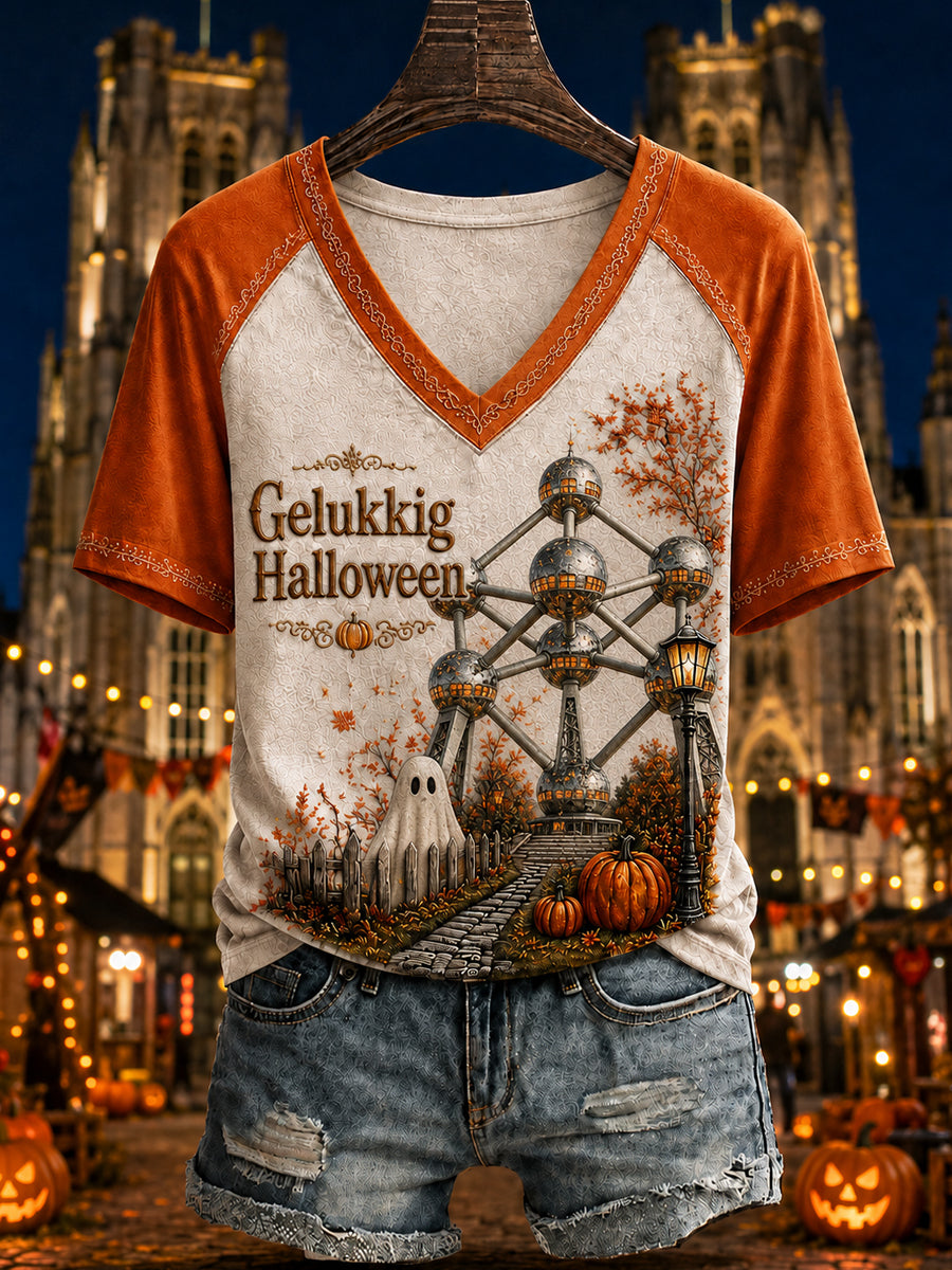 Dames T-shirt in vintagestijl met Belgisch Halloween‑motief, losvallend, korte mouwen