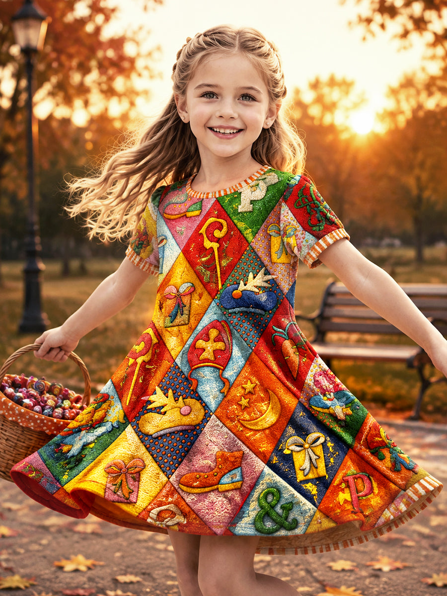 Dutch sinterklaas patchwork print casual jurk met korte mouwen