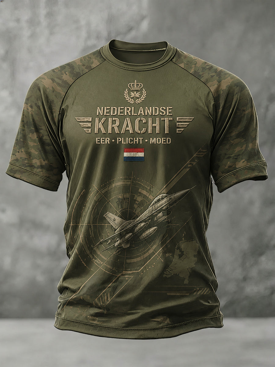 Heren-T-shirt met korte mouwen en raglanmouwen, met vintage militaire camouflageprint