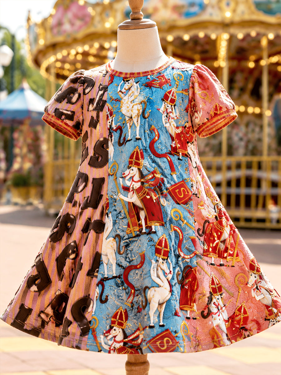 Dutch sinterklaas seizoen patchwork print jurk met korte mouwen
