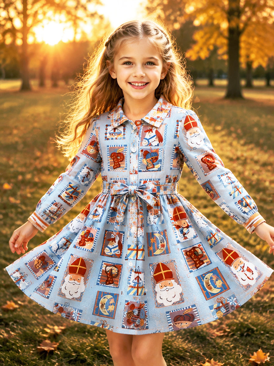 Girls 'Blue Dutch St Nicholas seizoen schattige print jurk met lange mouwen