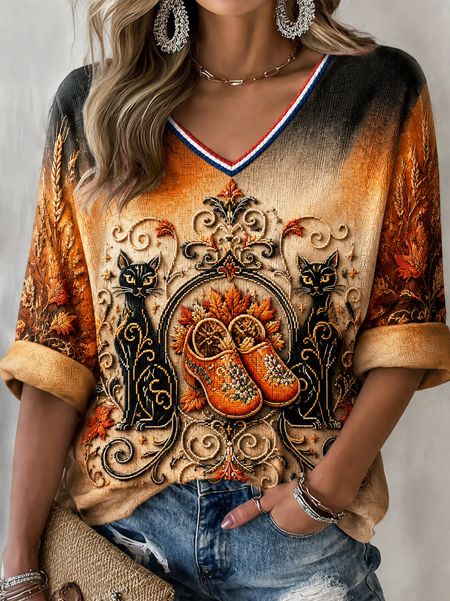 Nederlandse Halloween Cat Gradiënt Print T-shirt met V-hals