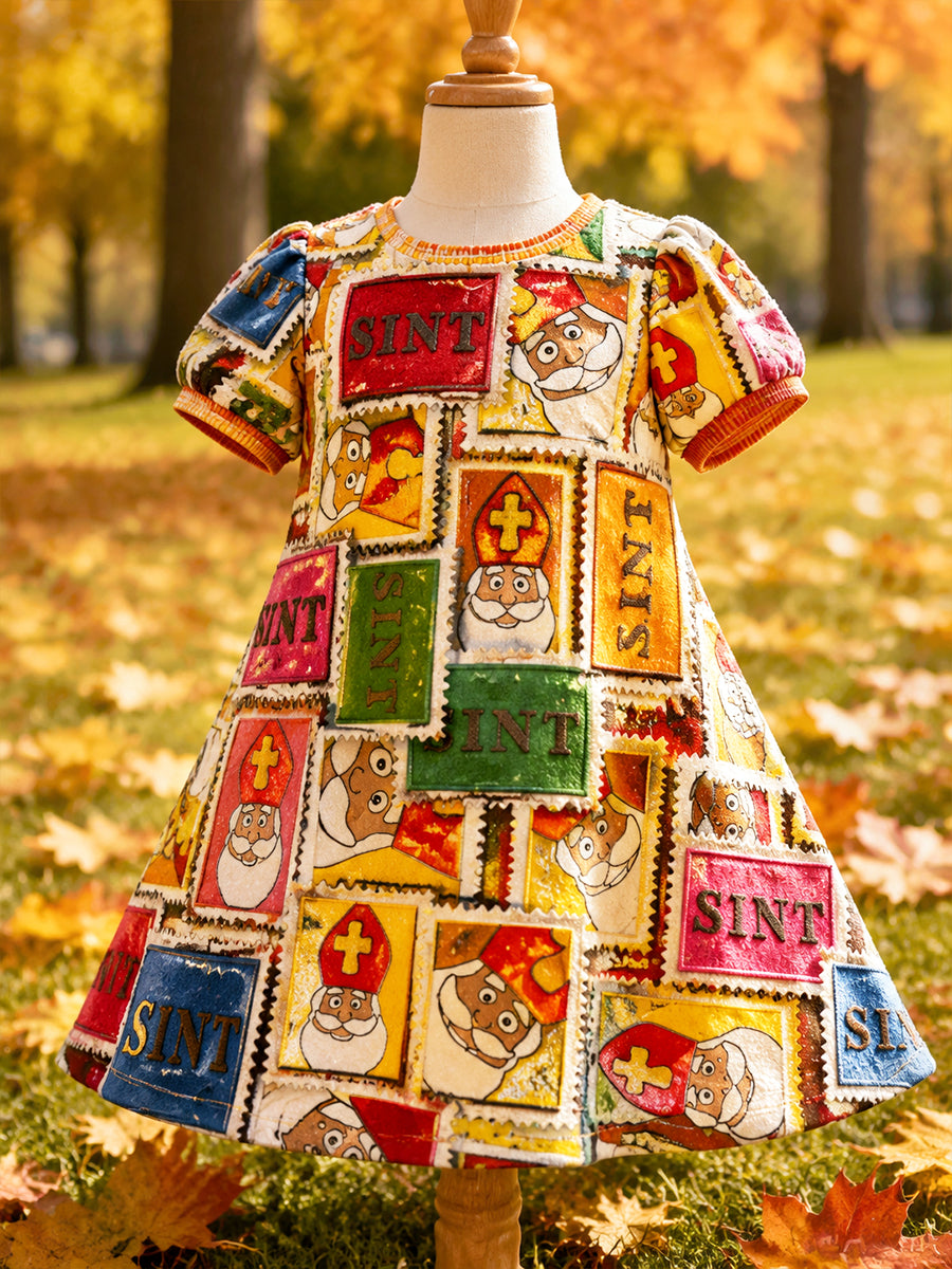 Dutch sinterklaas seizoen patchwork print jurk met korte mouwen