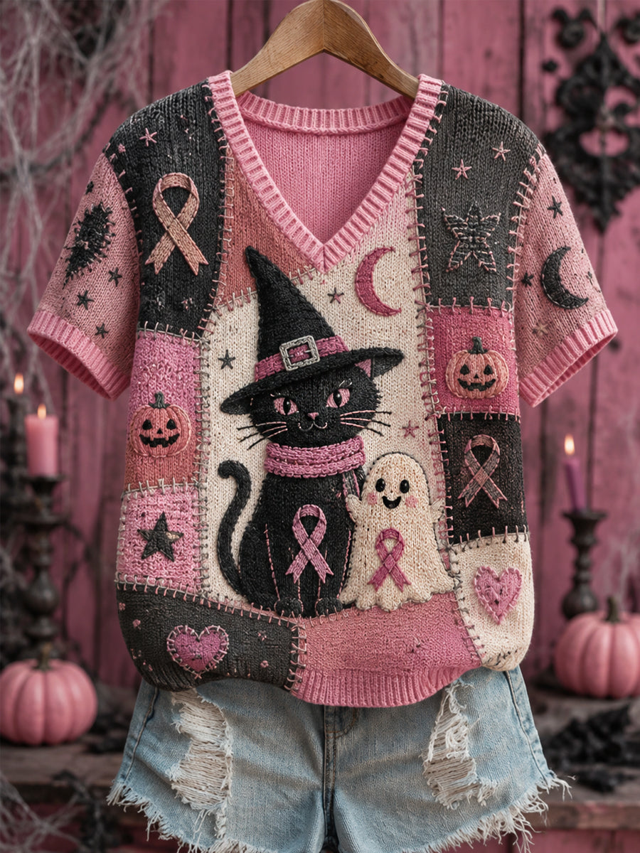 Halloween voor dames roze geest en kat roze lintprint borstkanker bewustzijn ondersteuning V-hals top