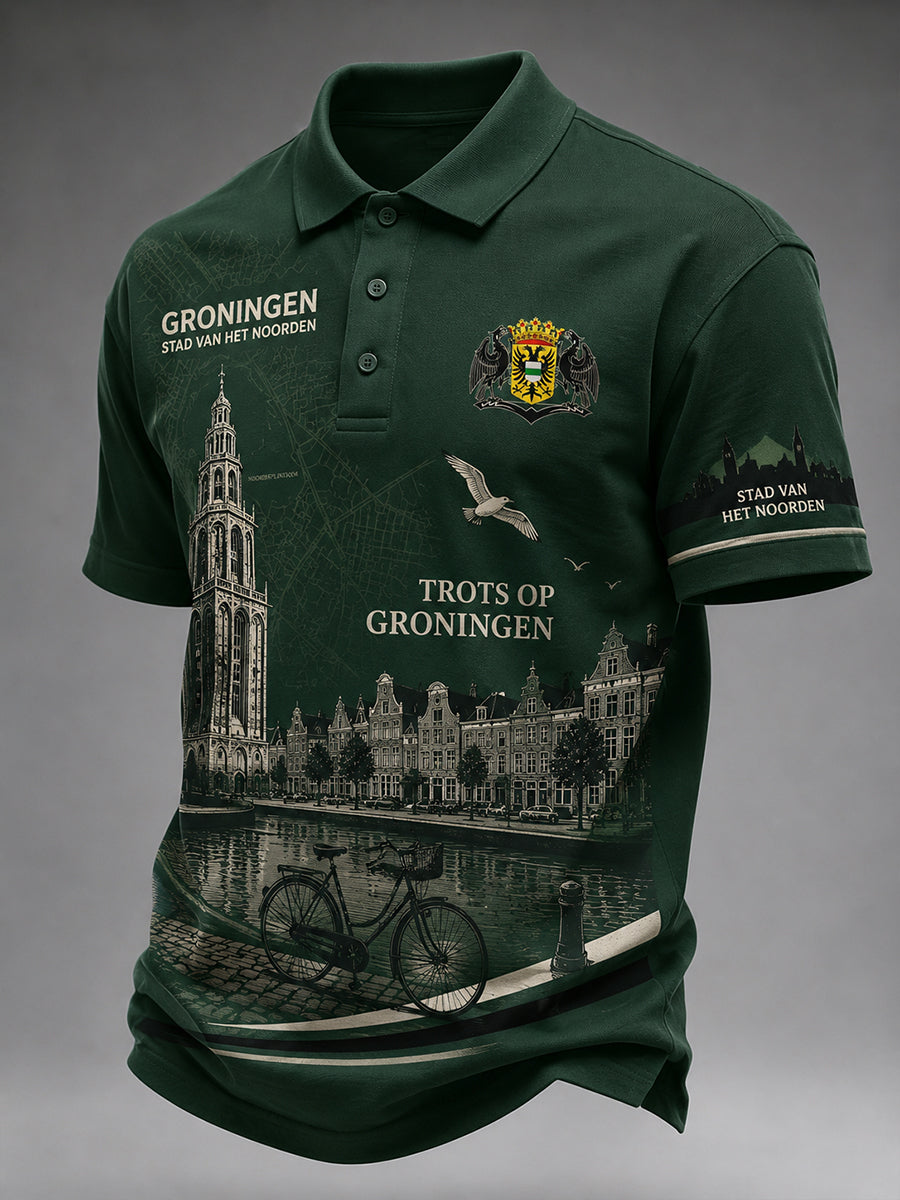 Herenpoloshirt met korte mouwen en stedelijke herdenkingsprint