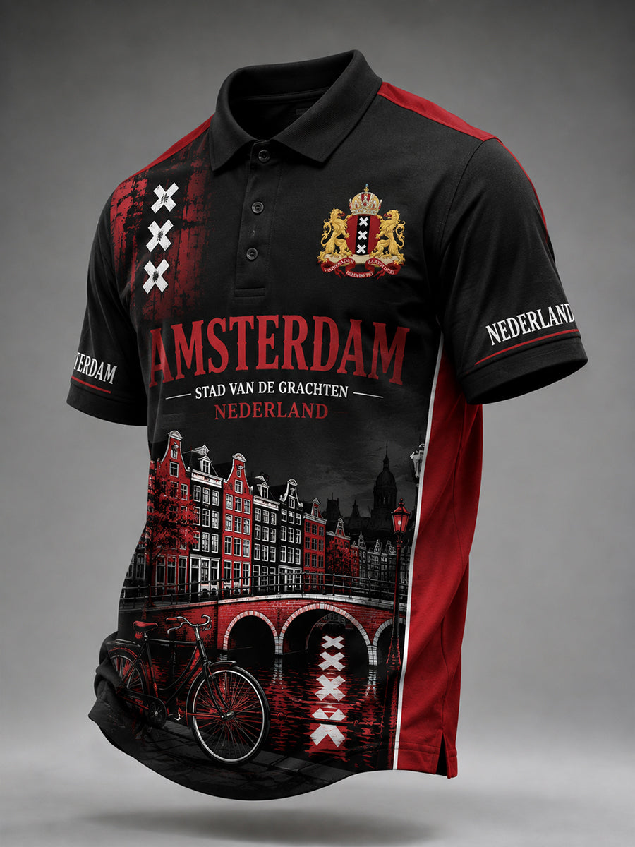 Herenpoloshirt met korte mouwen en stedelijke herdenkingsprint