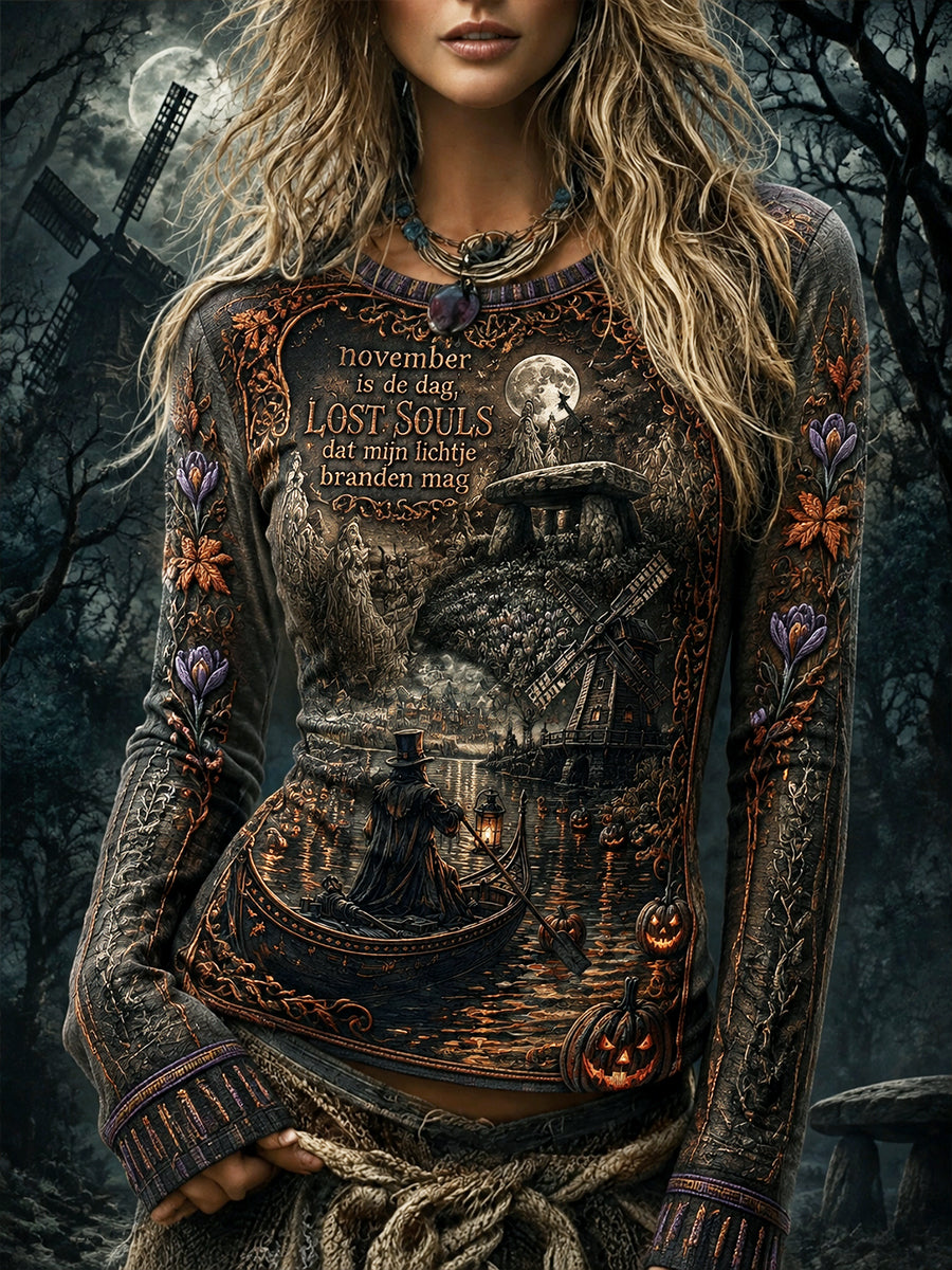 Nederlandse Halloween herfstprint dames casual T-shirt met lange mouwen